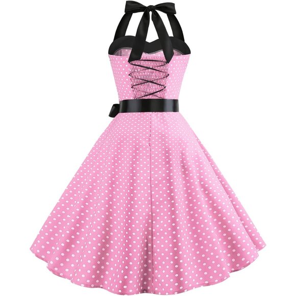 Vintage 50s Rockabilly Swing Dress Polka Dots Floral Halter A-Line - Picture 4 of 6